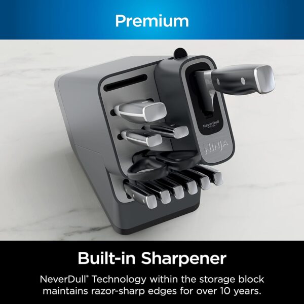 Ninja K32012 Foodi NeverDull Premium Knife System 12-piece set with built-in sharpener displayed on a modern kitchen counter.