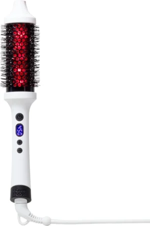 The Best Hair Styling Tools: BondiBoost Infrared Thermal Brush Review 10 BondiBoost Thermal Brush sitting on a white bathroom counter.