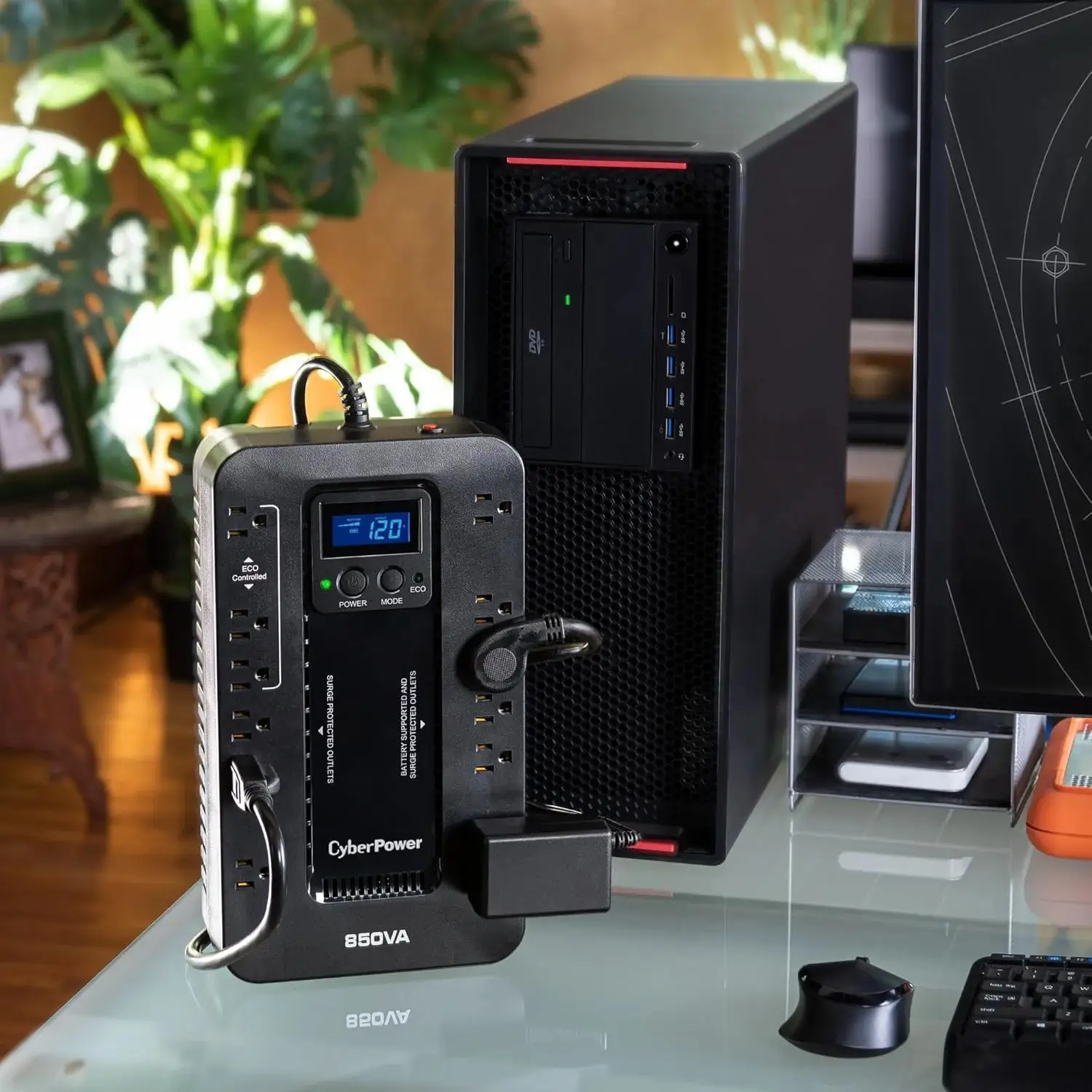 CyberPower EC850LCD uninterruptible power supply for pc showing ECO mode and compact design